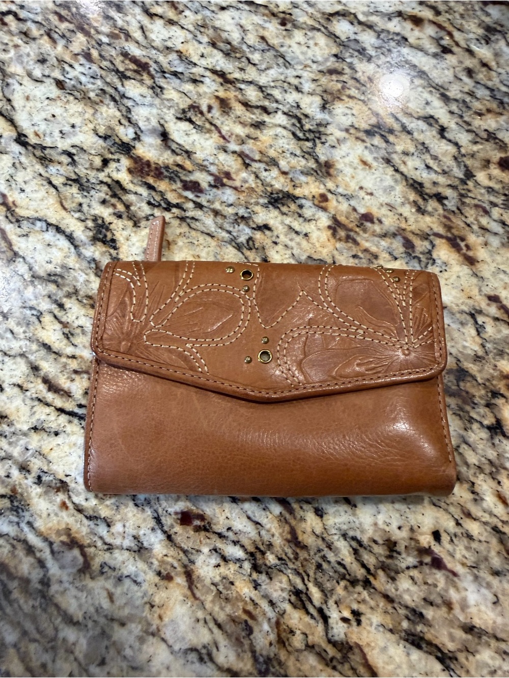 Fossil Brown Leather Floral-Stitched Envelope Wallet